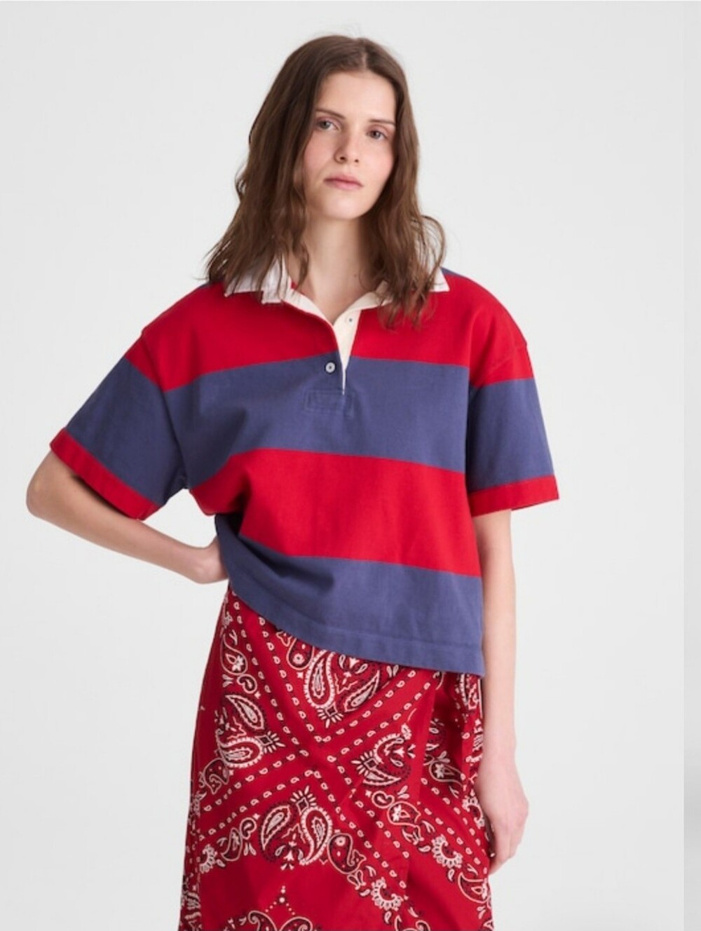 Madewell Boxy Striped Rugby Polo Top in Red and Blue Women's Casual Tee SzL $68